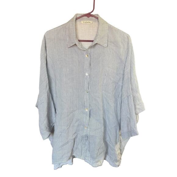 Liabella Top Woman's Button Up Blouse Striped Blue 100% Linen 7XL L/S Coastal - Picture 1 of 8